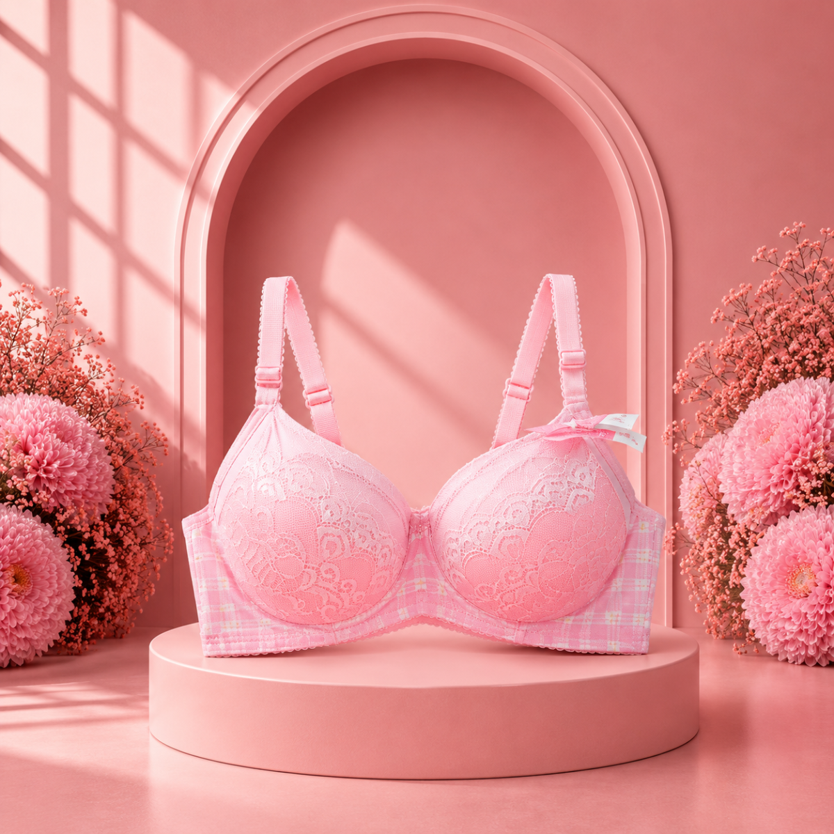 Plaid Lace Padded Bra -pink(size 38)